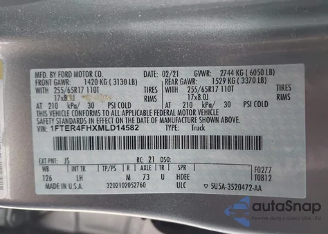 2021 Ford Ranger Xlt z USA, uszkodzony, nr VIN 1FTER4FHXMLD14582